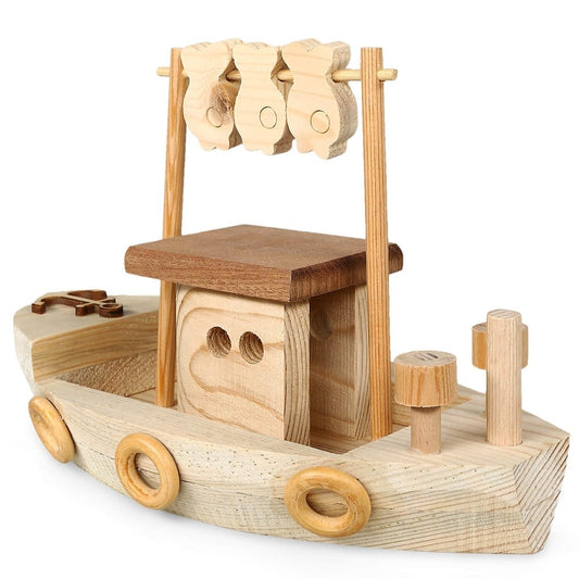 Handcrafted wooden fishing boat toy made from spruce and mahogany wood, featuring a natural finish and hanging wooden fish. Dimensions: 26x14x18 cm.