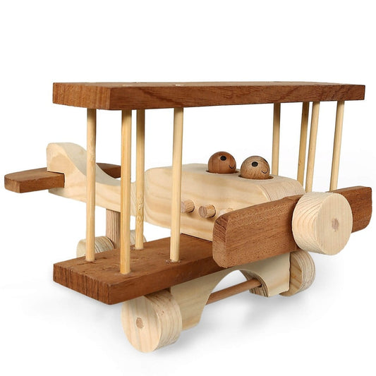 Handcrafted wooden toy airplane made from spruce, beech, and mahogany wood, featuring a manually rotatable propeller and rolling wheels. Dimensions: 31x24x16 cm.