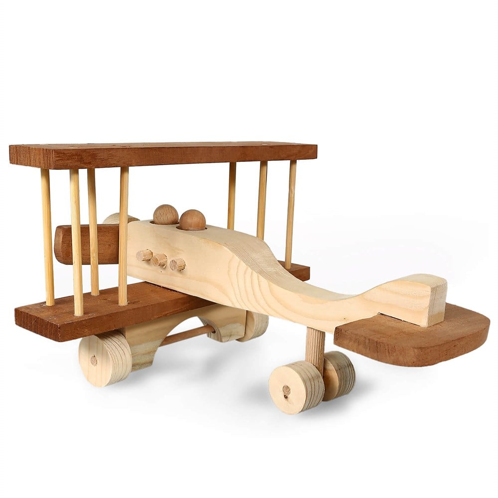 Handcrafted wooden toy airplane made from spruce, beech, and mahogany wood, featuring a manually rotatable propeller and rolling wheels. Dimensions: 31x24x16 cm.