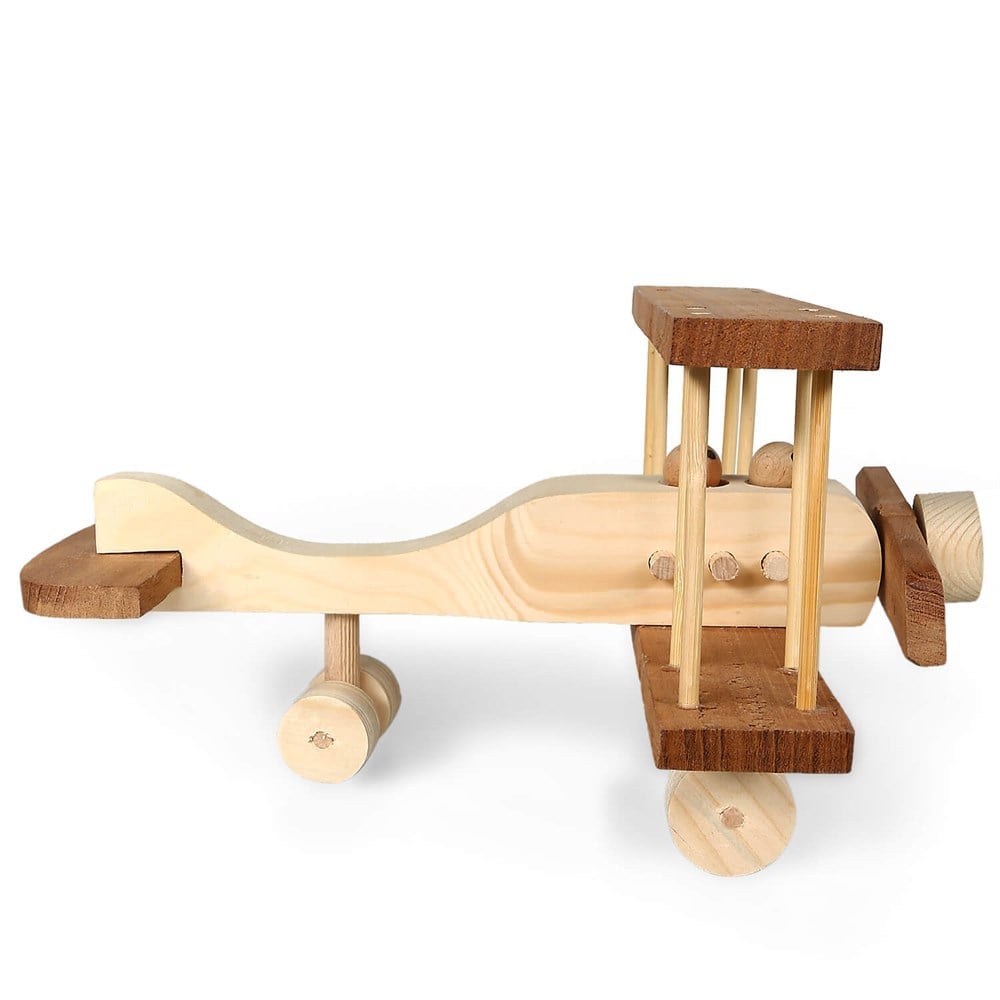 Handcrafted wooden toy airplane made from spruce, beech, and mahogany wood, featuring a manually rotatable propeller and rolling wheels. Dimensions: 31x24x16 cm.