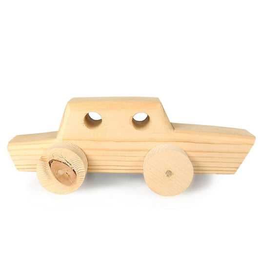 Handcrafted wooden toy car made from spruce wood, featuring a natural finish and rolling wheels. Dimensions: 22.2x7.5x8.5 cm.