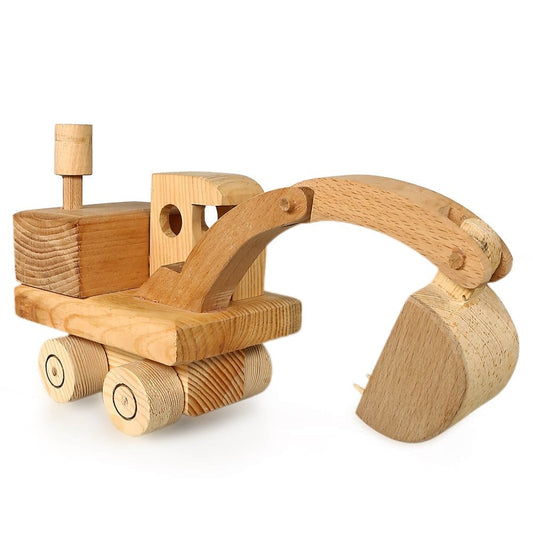 Handcrafted wooden toy excavator made from spruce and beech wood, featuring a movable bucket and detachable wheel base. Dimensions: 15.5x10x29 cm.