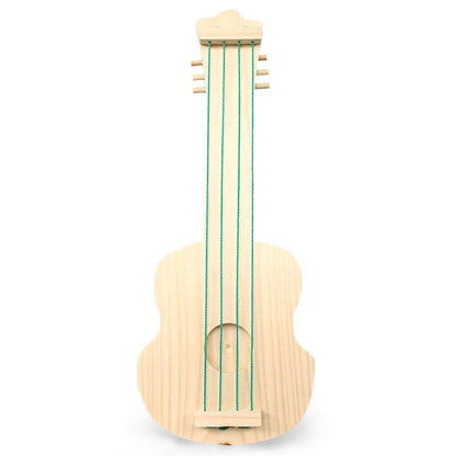 Handcrafted wooden toy guitar made from spruce wood, featuring colorful strings and a natural finish. Dimensions: 37x14x2 cm.