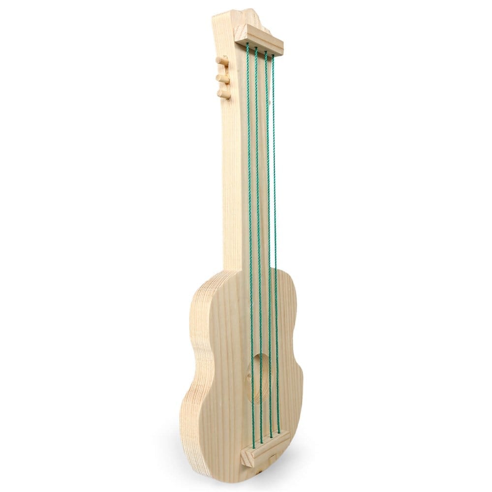 Handcrafted wooden toy guitar made from spruce wood, featuring colorful strings and a natural finish. Dimensions: 37x14x2 cm.