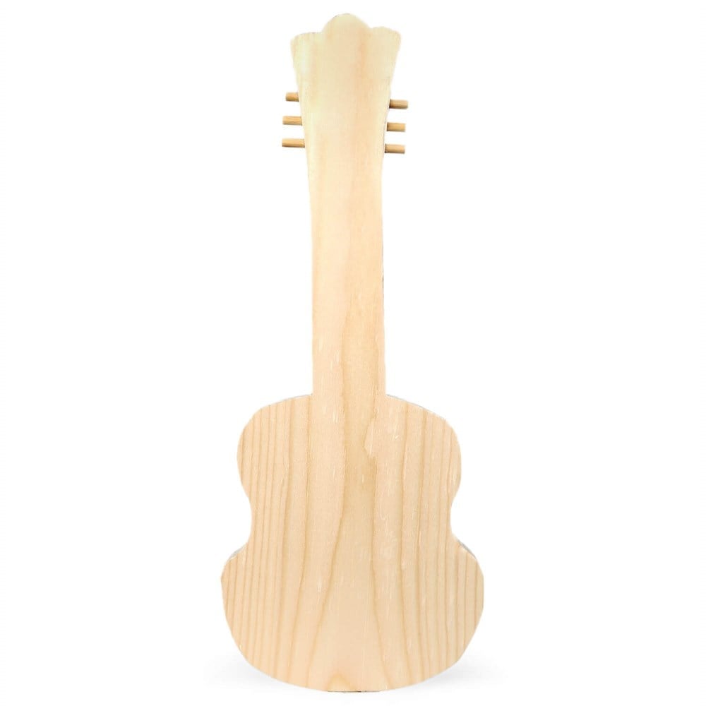 Handcrafted wooden toy guitar made from spruce wood, featuring colorful strings and a natural finish. Dimensions: 37x14x2 cm.