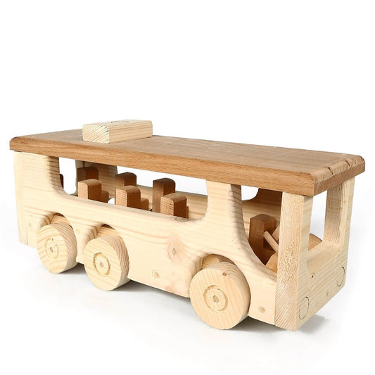 Handcrafted wooden toy bus made from spruce and beech wood, featuring a natural finish and rolling wheels. Dimensions: 36x11x14 cm.