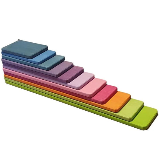 Pastel-colored wooden rainbow cards for Waldorf education