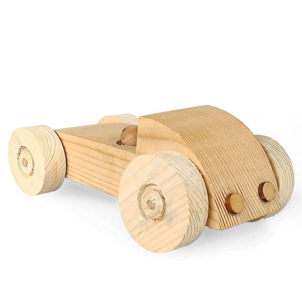 Handmade wooden racing car toy crafted from natural fir and spruce wood, featuring a single-piece design with rolling wheels. Dimensions: 21.5x8.5x9 cm.