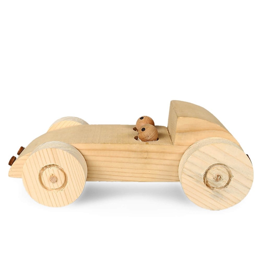 Handmade wooden racing car toy crafted from natural fir and spruce wood, featuring a single-piece design with rolling wheels. Dimensions: 21.5x8.5x9 cm.