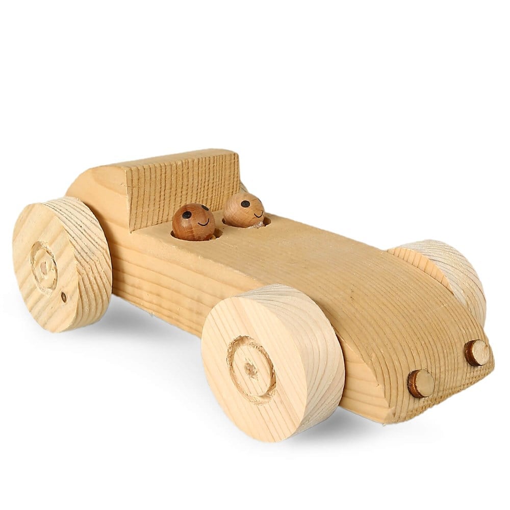 Handmade wooden racing car toy crafted from natural fir and spruce wood, featuring a single-piece design with rolling wheels. Dimensions: 21.5x8.5x9 cm.