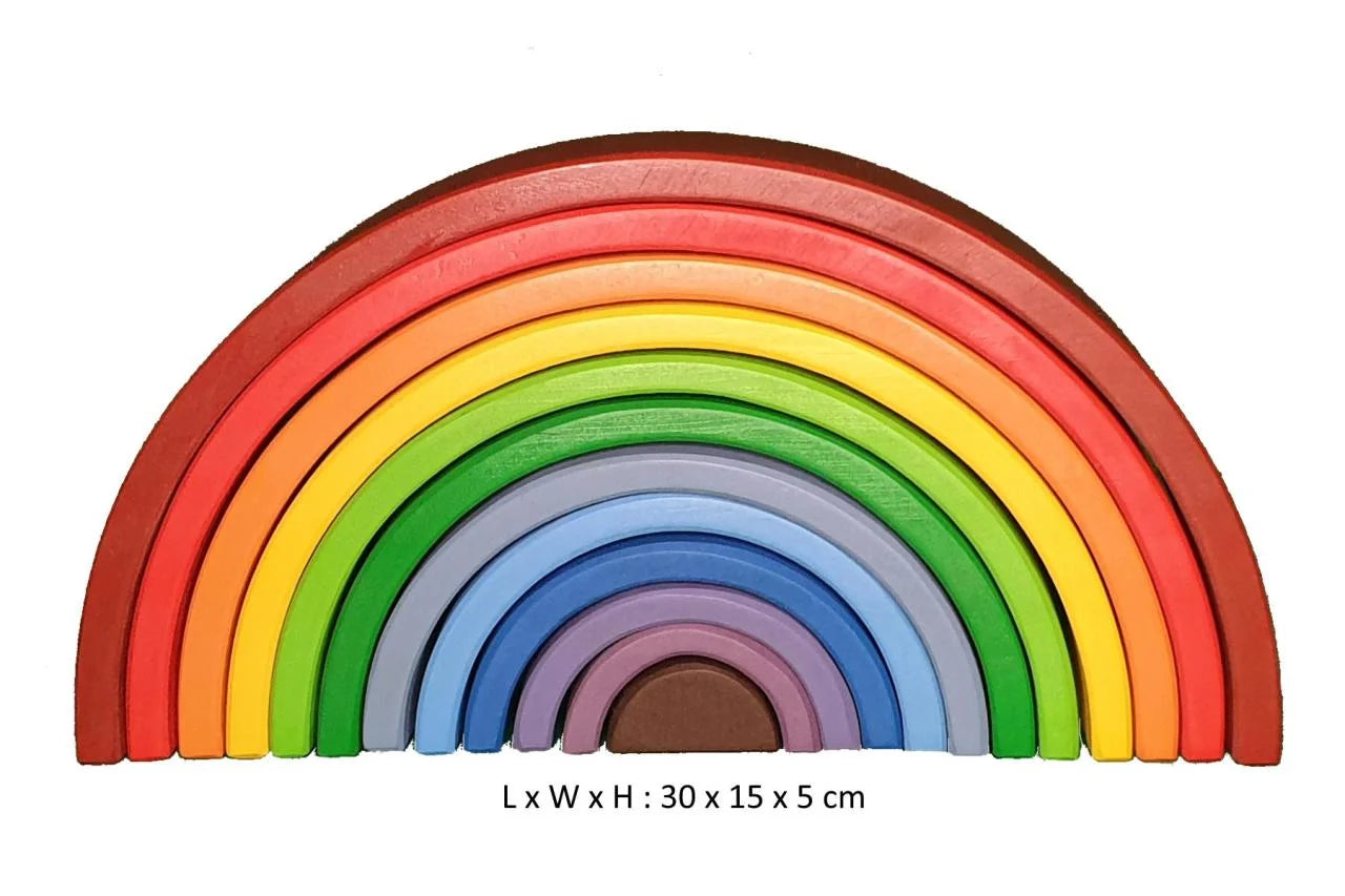 Small wooden rainbow arch set with dimensions for Waldorf education
