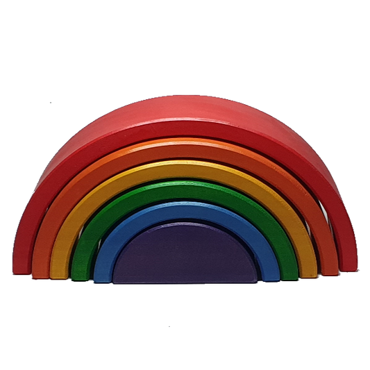 A six-piece Waldorf rainbow stacker with vibrant colors, including red, orange, yellow, green, blue, and purple, displayed on a black background.