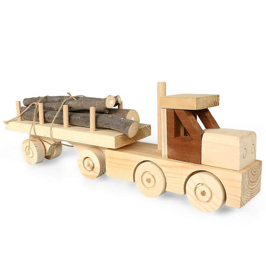 Handcrafted wooden toy log truck made from spruce, beech wood, and poplar plywood, featuring detachable logs made from pruned branches. Dimensions: 45.5x10.5x14 cm.