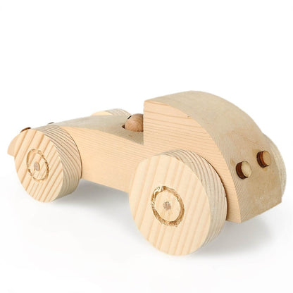 Handcrafted wooden racing car made from spruce and fir wood, featuring a smooth and natural finish. Dimensions: 21.5x8.5x9 cm.