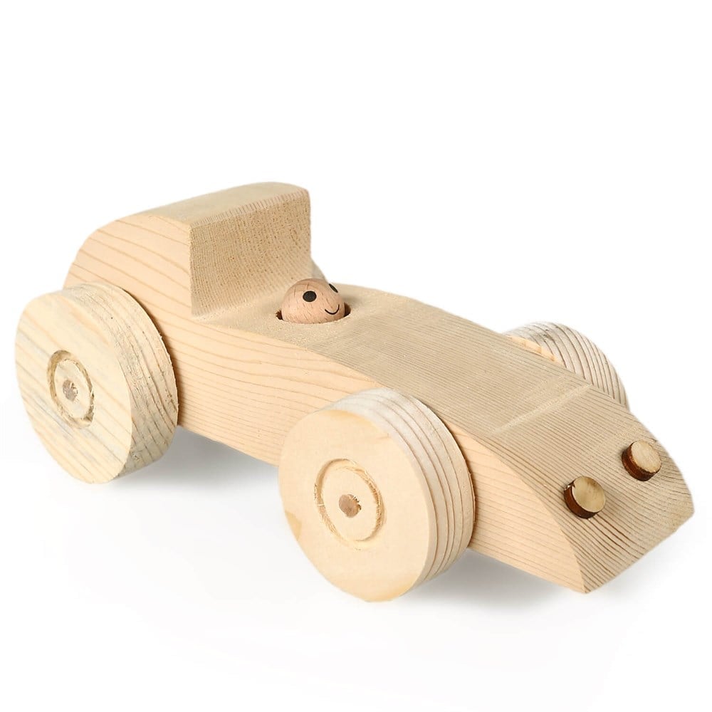 Handcrafted wooden racing car made from spruce and fir wood, featuring a smooth and natural finish. Dimensions: 21.5x8.5x9 cm.