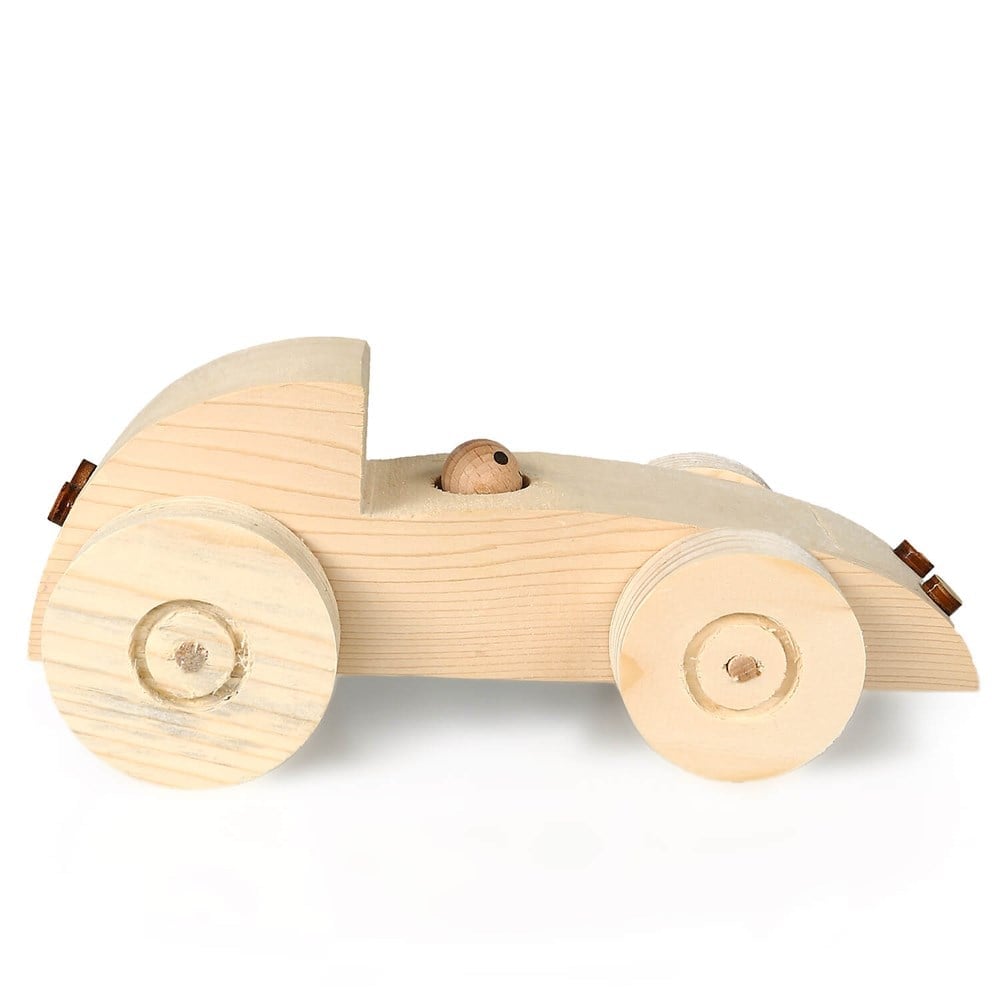 Handcrafted wooden racing car made from spruce and fir wood, featuring a smooth and natural finish. Dimensions: 21.5x8.5x9 cm.